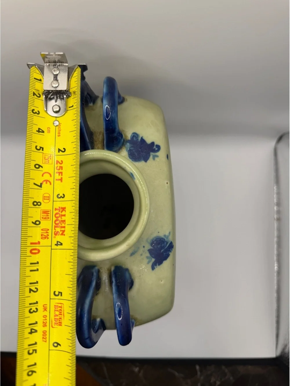 Vintage Ceramic Vase with Blue Floral Design and Dual Handles